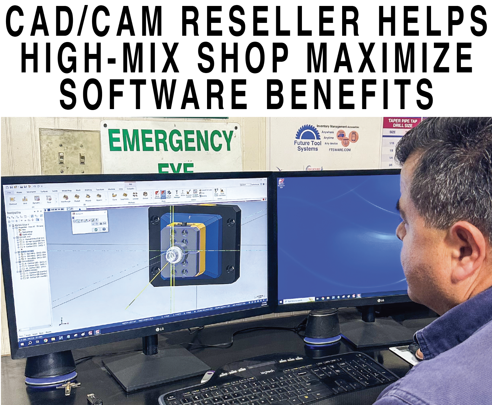 Saul Reyes, Algeb lead mill machinist/programmer, uses Mastercam CAD/CAM software to toolpath a microwave communications part.